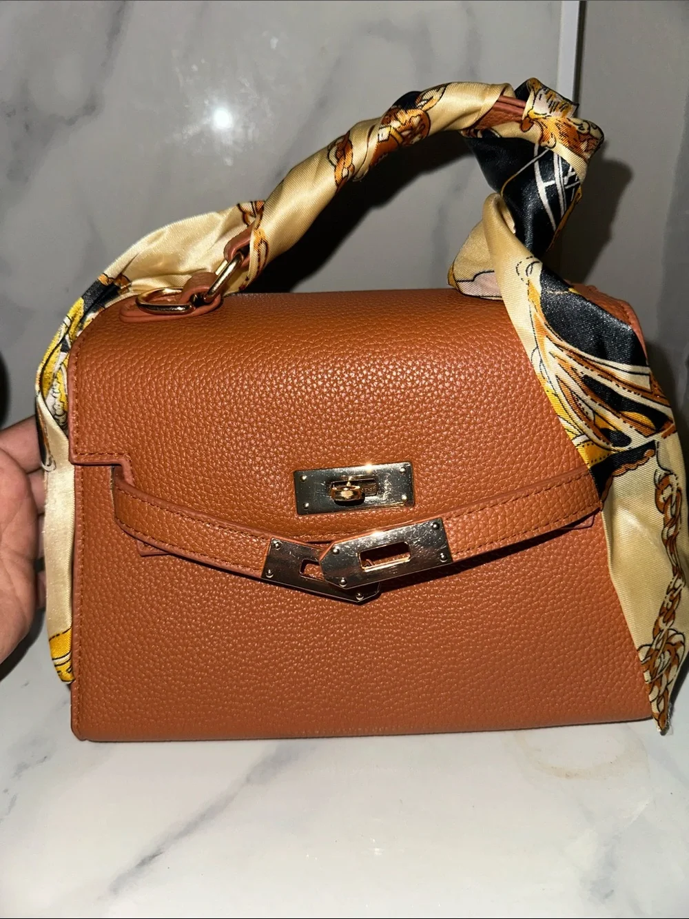 Classic Tan Top-Handle Women's Bag with Silk Scarf Accent